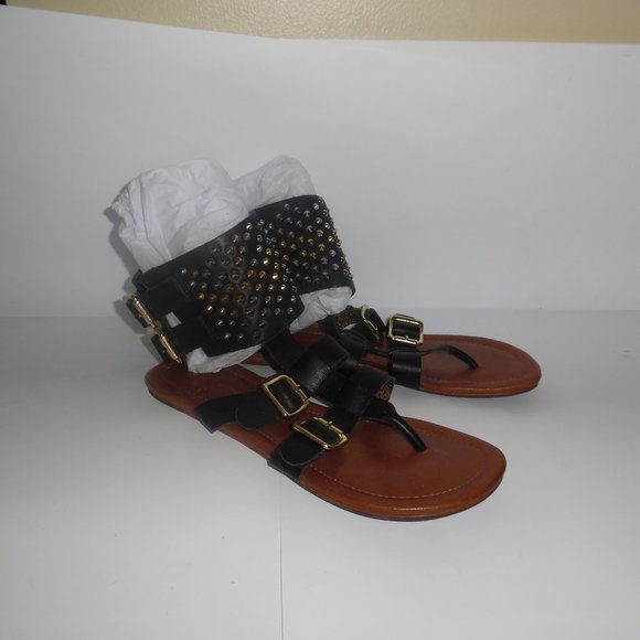 Cynthia Vincent Studded Buckle Black Leather Gladiator Ankle Flats Sandal 7.5 - Picture 10 of 10